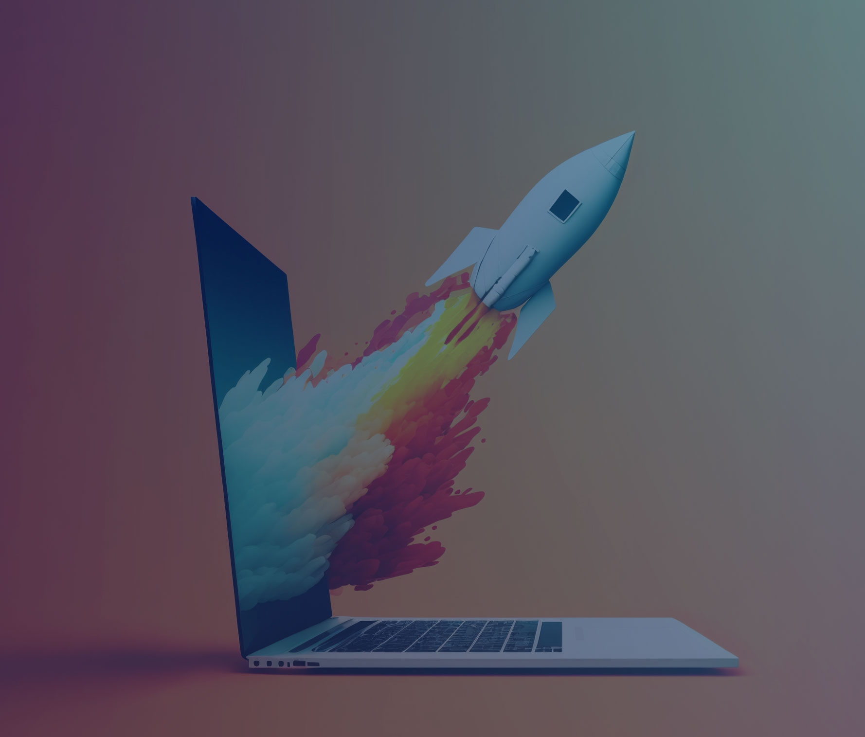 Stylized illustration of a rocket launching out of a laptop screen