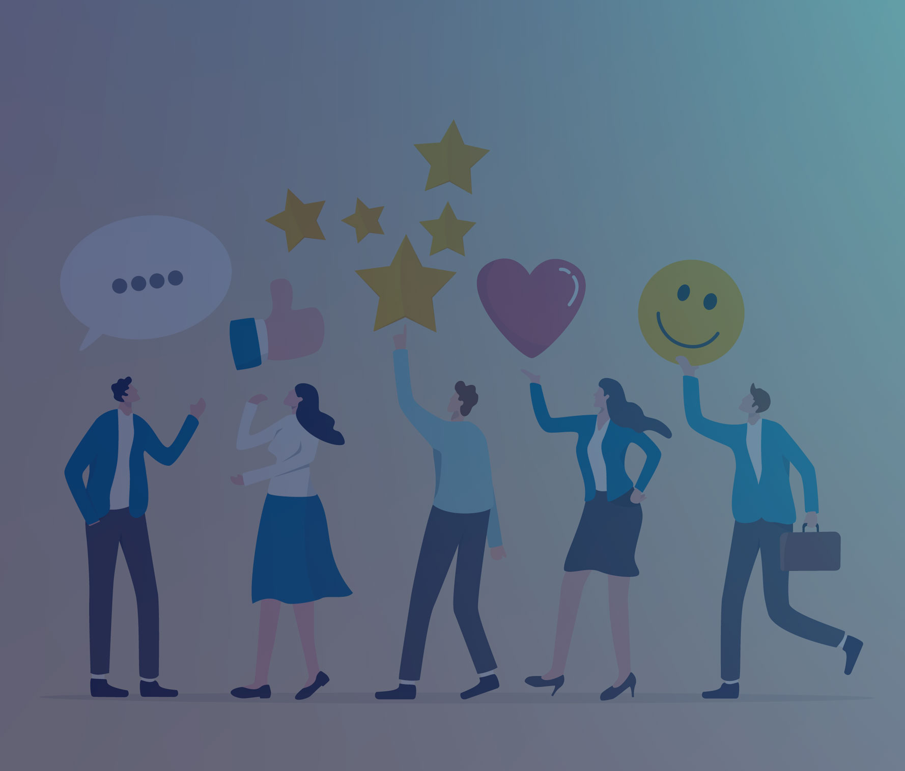Five people in business attire holding up different feedback symbols: a speech bubble, thumbs up, stars, heart, and smiley face - illustrating positive member feedback and engagement